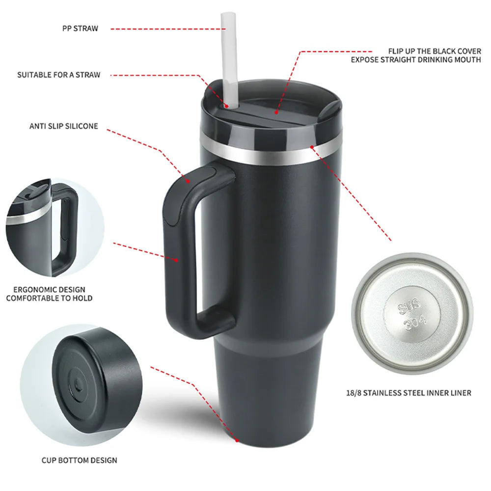 40oz Stainless Steel Tumbler with Handle & Straw - Vacuum Insulated Travel Mug