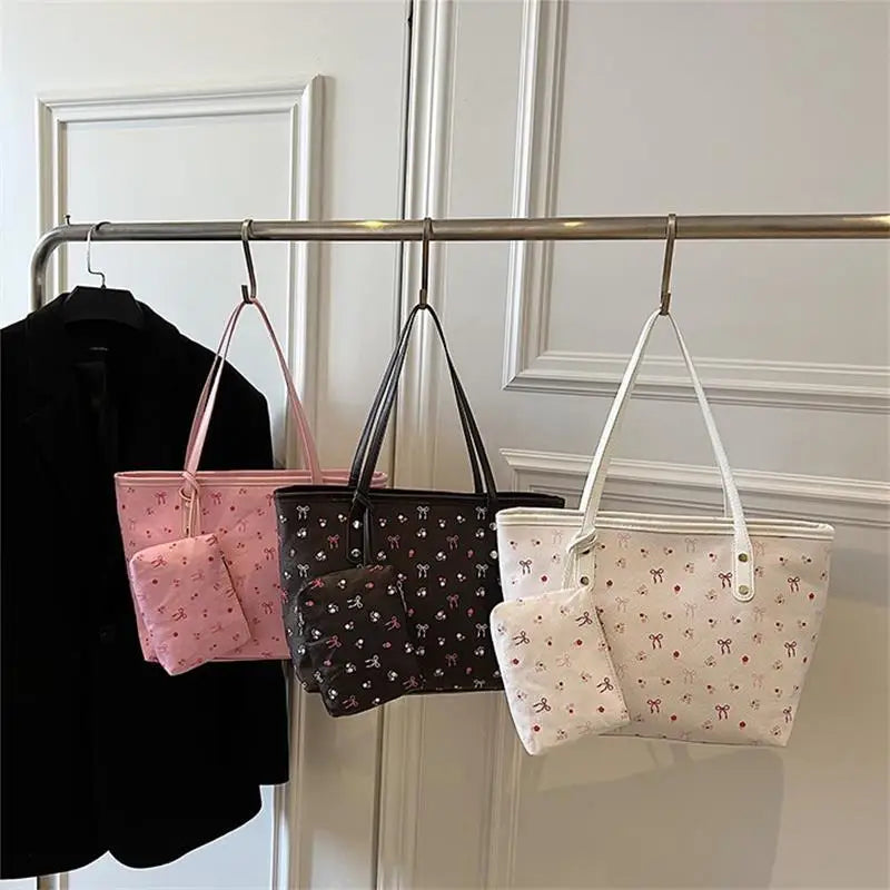 Women PU Floral Tote Bag Fashion Shoulder Bag Large Capacity Simple Tote Handbag Trendy Work Hobos Outdoor Travel Bag