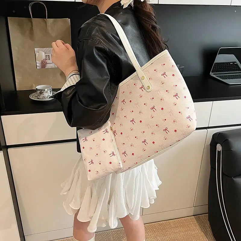 Women PU Floral Tote Bag Fashion Shoulder Bag Large Capacity Simple Tote Handbag Trendy Work Hobos Outdoor Travel Bag