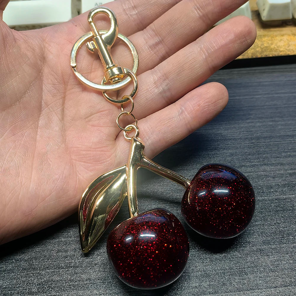 Red Cherry Fruit Bag Charm Keychain - Elegant 3-Color Key Ring for Women