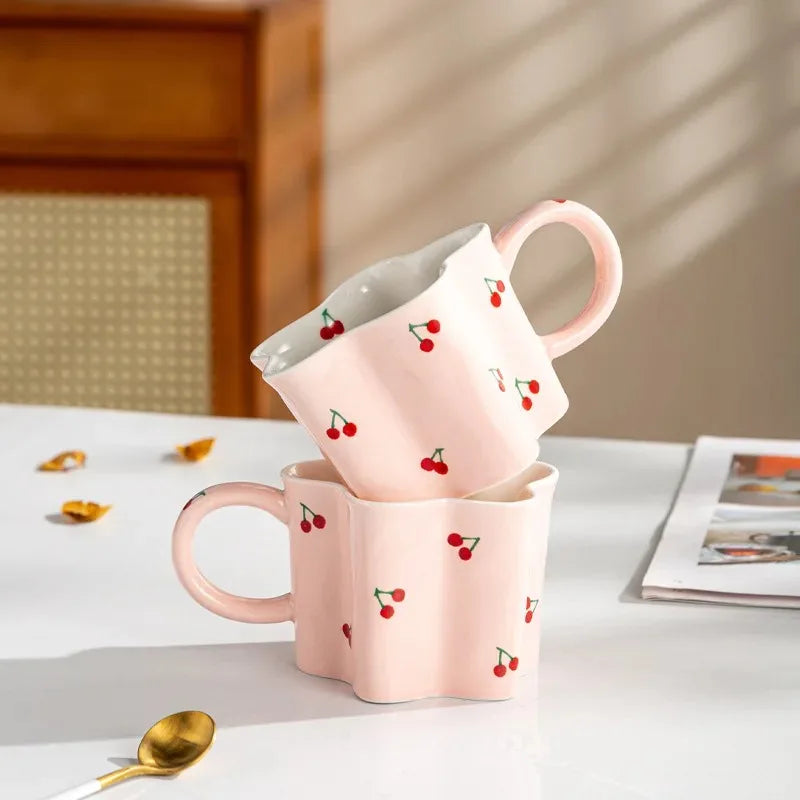 Hand Painted Cherry Mug - Pink Ceramic Coffee Cup Gift