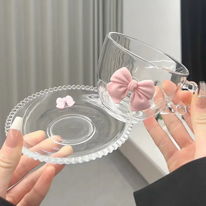 Bow Shaped Glass Cup Niche Design Ins Handle Mug High Aesthetic Water Cup Home Coffee Cup and Plate Set Drinkware
