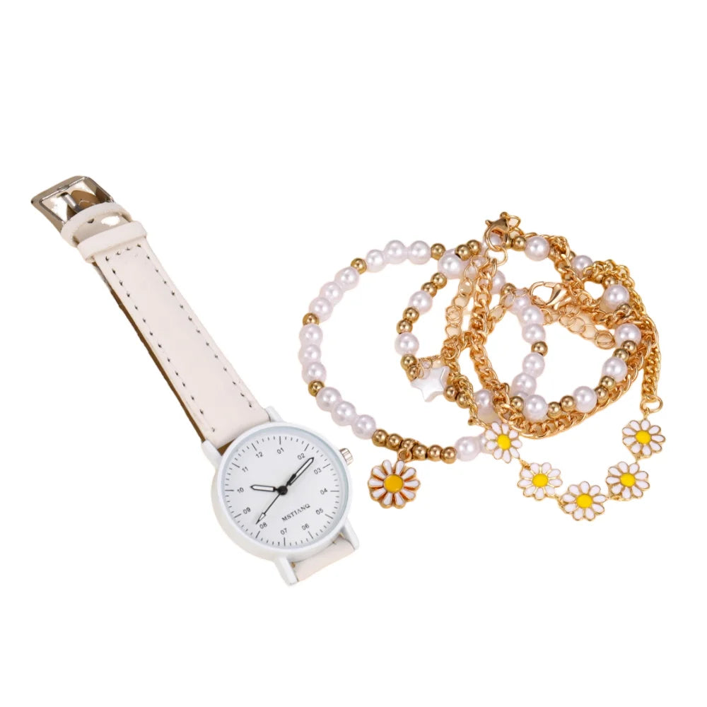 Girls Bracelet Watch Set - 5pcs Pentagram Daisy Pearl Jewelry