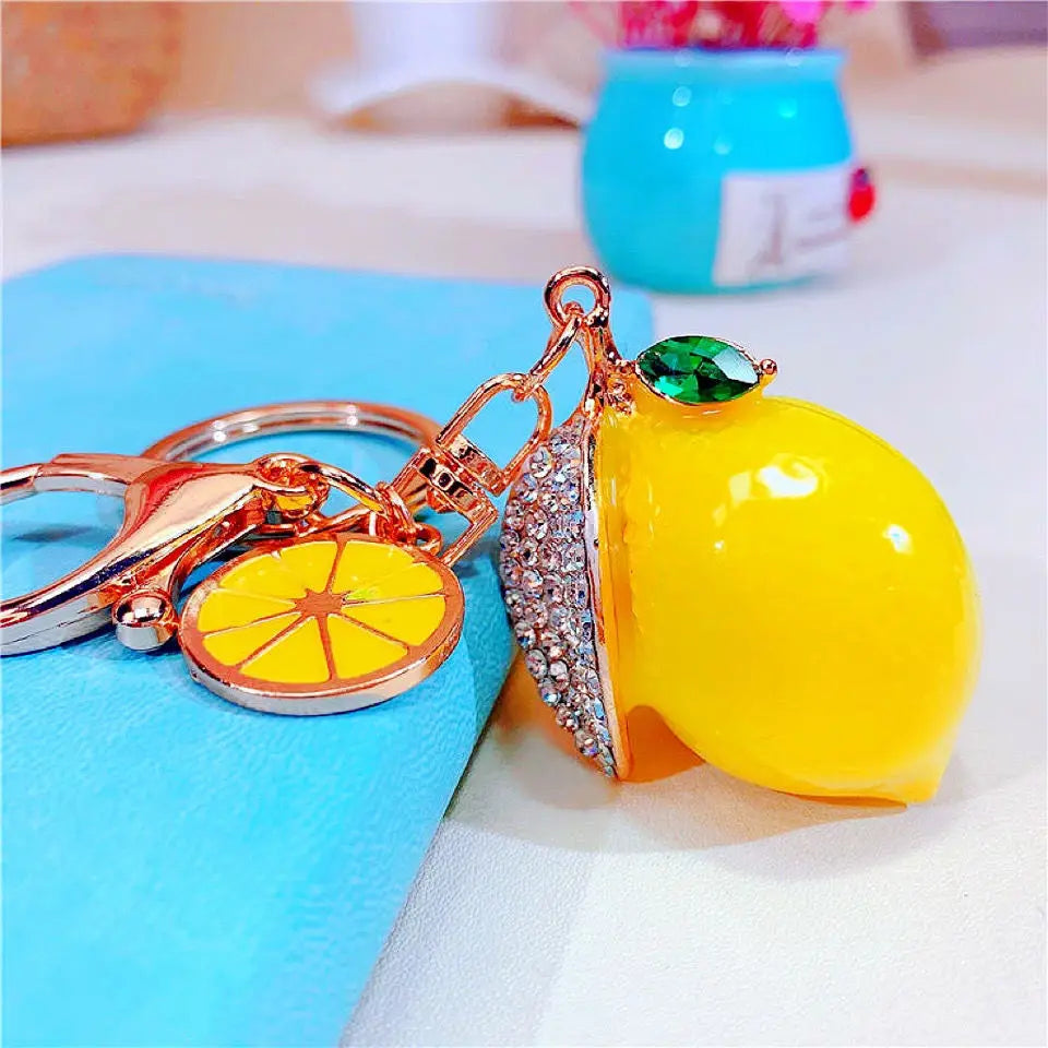 Summer Style Decorative Alloy Rhinestone Lemon Keychain with Lobster Clasp, Fruit Key Ring Bag & Car Decoration