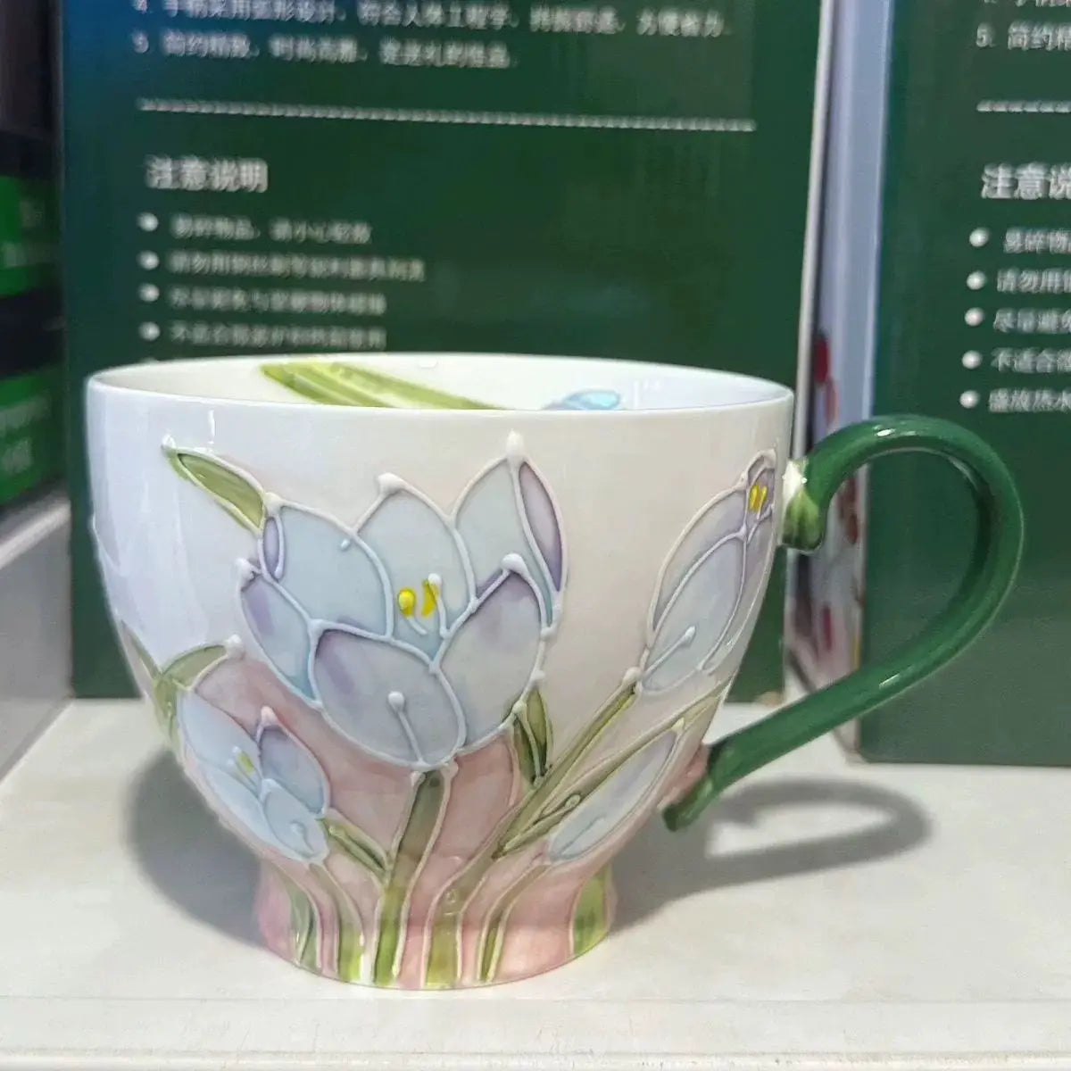 High Aesthetic Relief Flower Ceramic Mug with Spoon, Hand-painted Large Capacity Milk Coffee Mug, Office Tea Cup, Birthday Gift