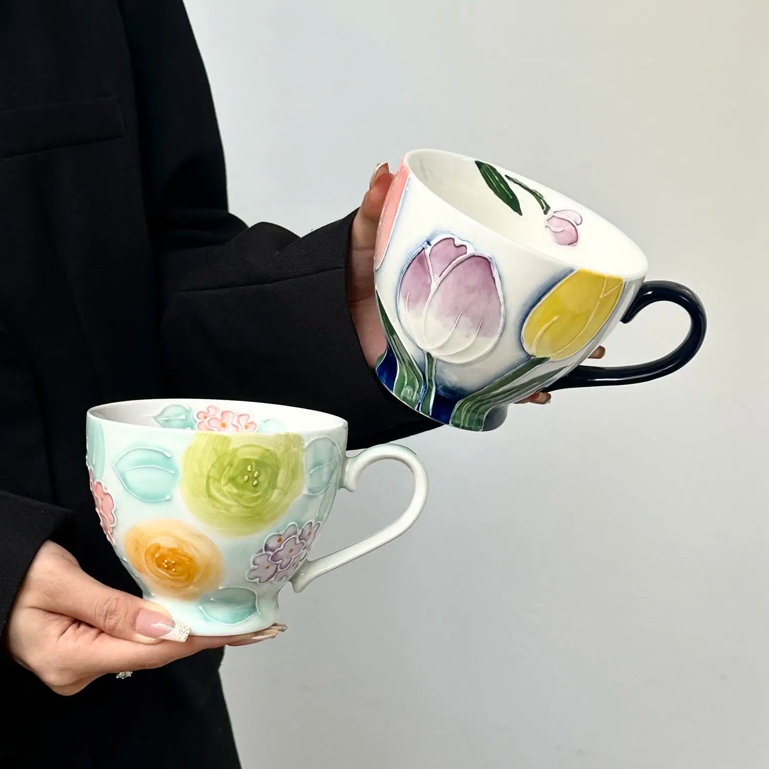 High Aesthetic Relief Flower Ceramic Mug with Spoon, Hand-painted Large Capacity Milk Coffee Mug, Office Tea Cup, Birthday Gift