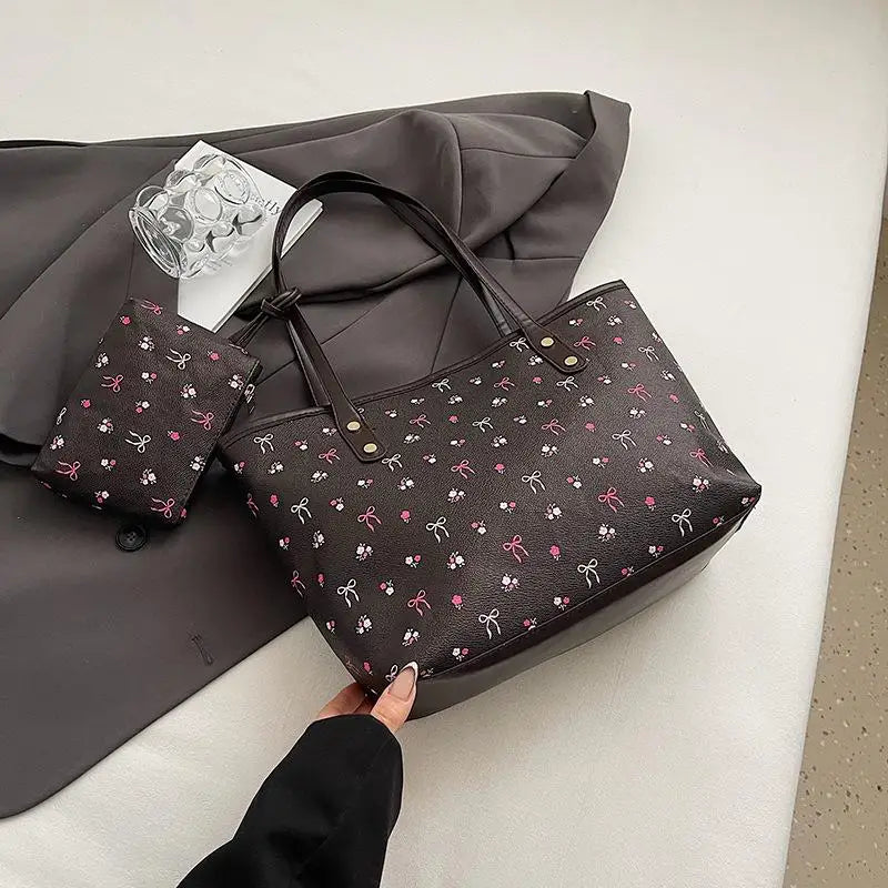 Women PU Floral Tote Bag Fashion Shoulder Bag Large Capacity Simple Tote Handbag Trendy Work Hobos Outdoor Travel Bag