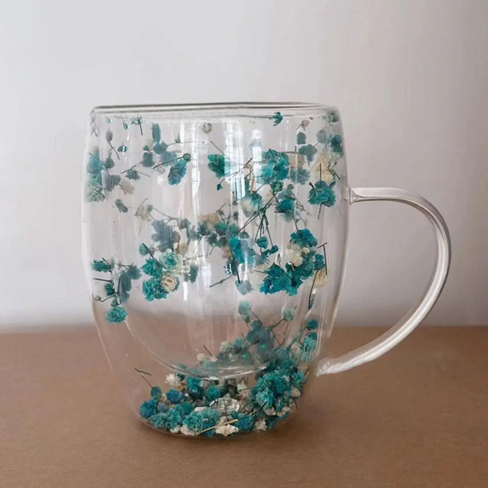 Double Wall Glass Mug with Dried Flowers - 350ml Decorative Coffee Cup
