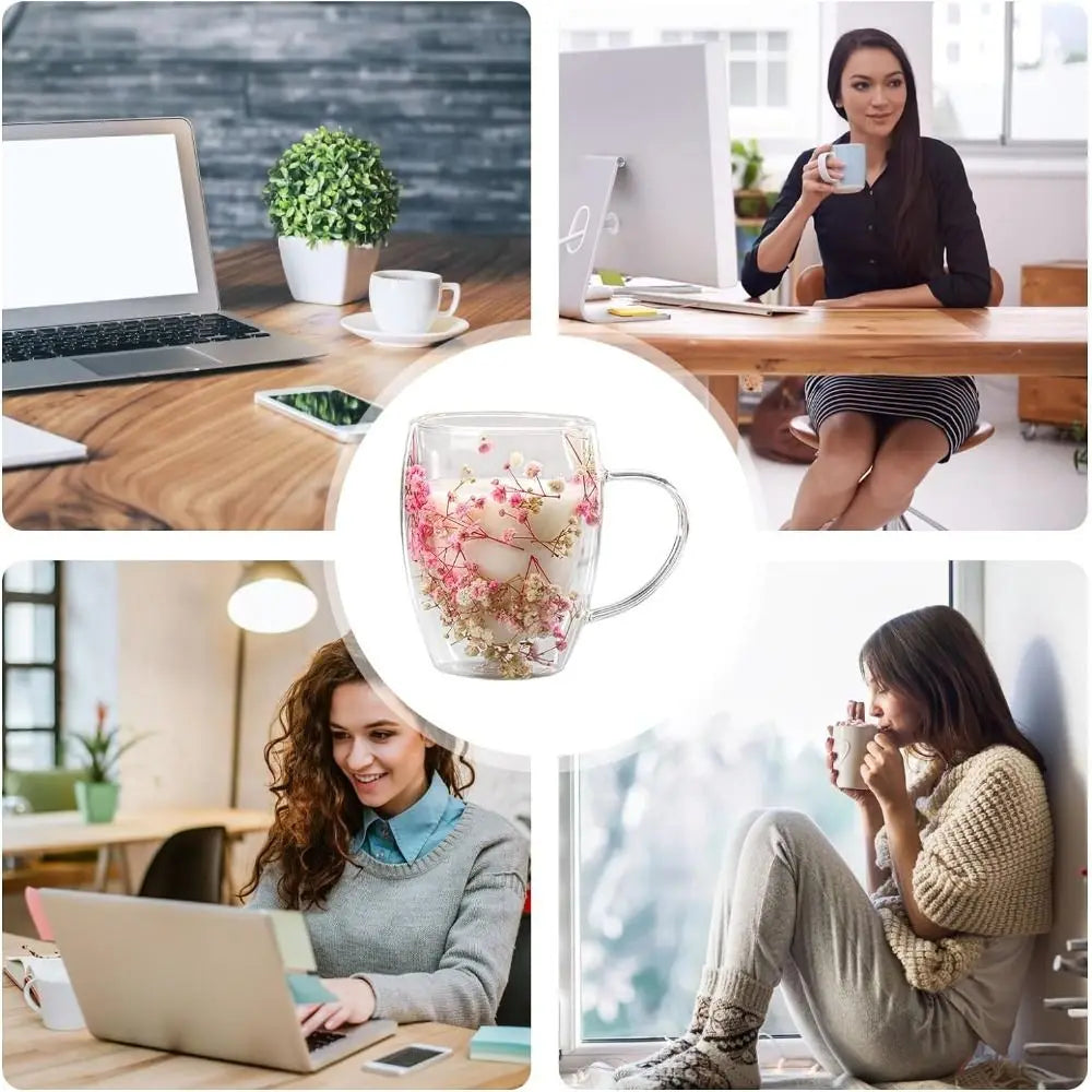 Double Wall Glass Mug with Dried Flowers - 350ml Decorative Coffee Cup