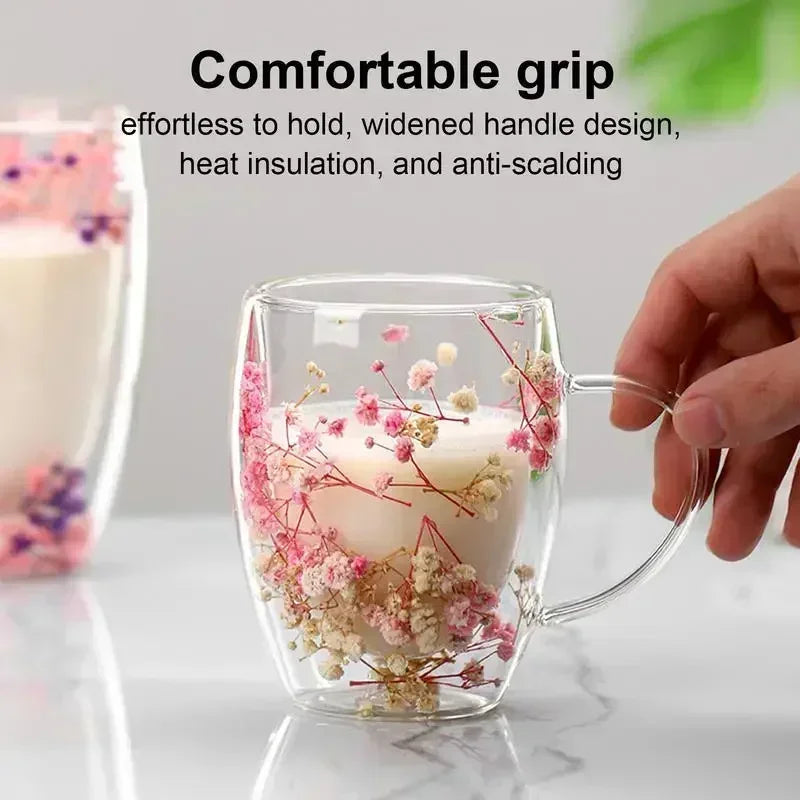 Double Wall Glass Coffee Cup 350ml - Heat Resistant with Dried Flowers