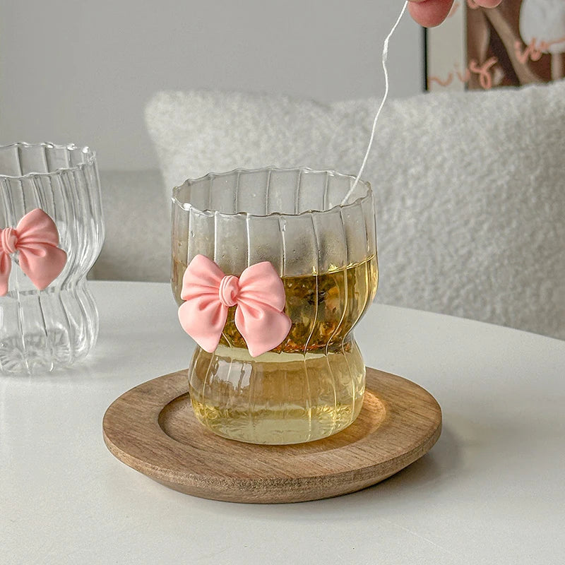 Cute Pink Bow Glass Water Cup - Cartoon Striped Coffee Mug