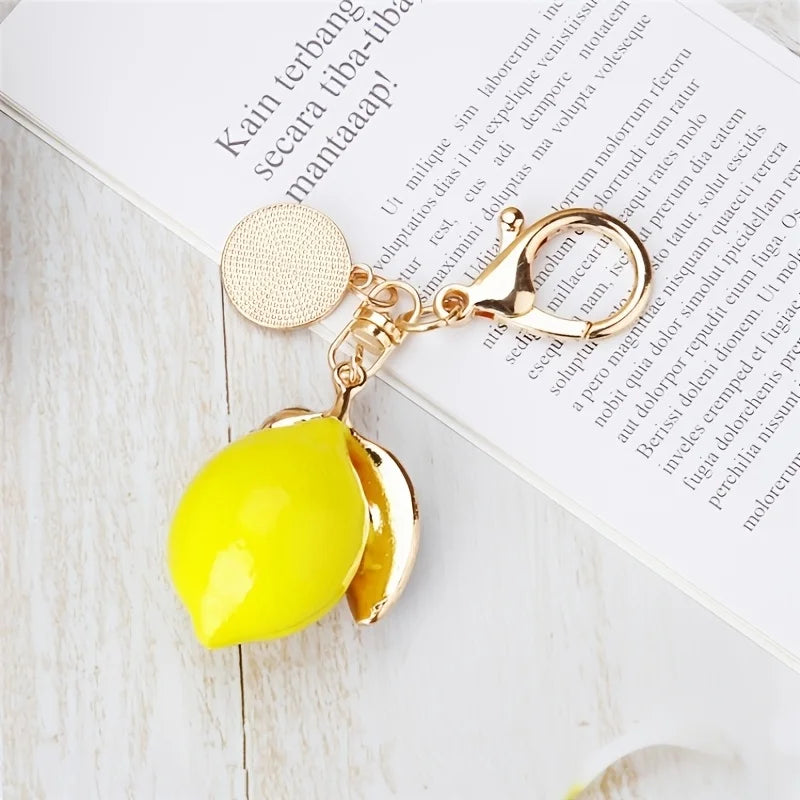 Summer Style Decorative Alloy Rhinestone Lemon Keychain with Lobster Clasp, Fruit Key Ring Bag & Car Decoration