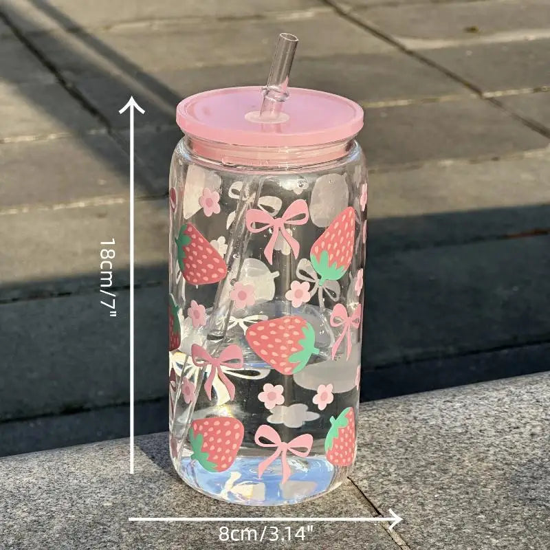 Bow Glass Cute Water Cup Cartoon Bow Glass Cup Striped Cute Doodle Coffee Mug Household Fruit Tea Lemonade Girls Gift