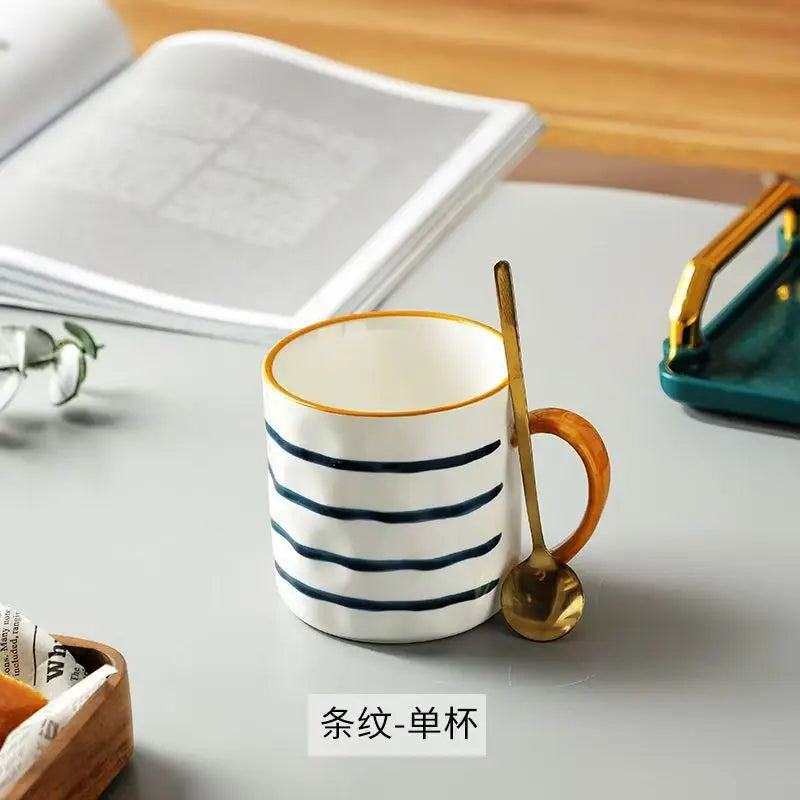 Japanese Hand-Painted Ceramic Mug with Lid & Spoon - Office Coffee Cup
