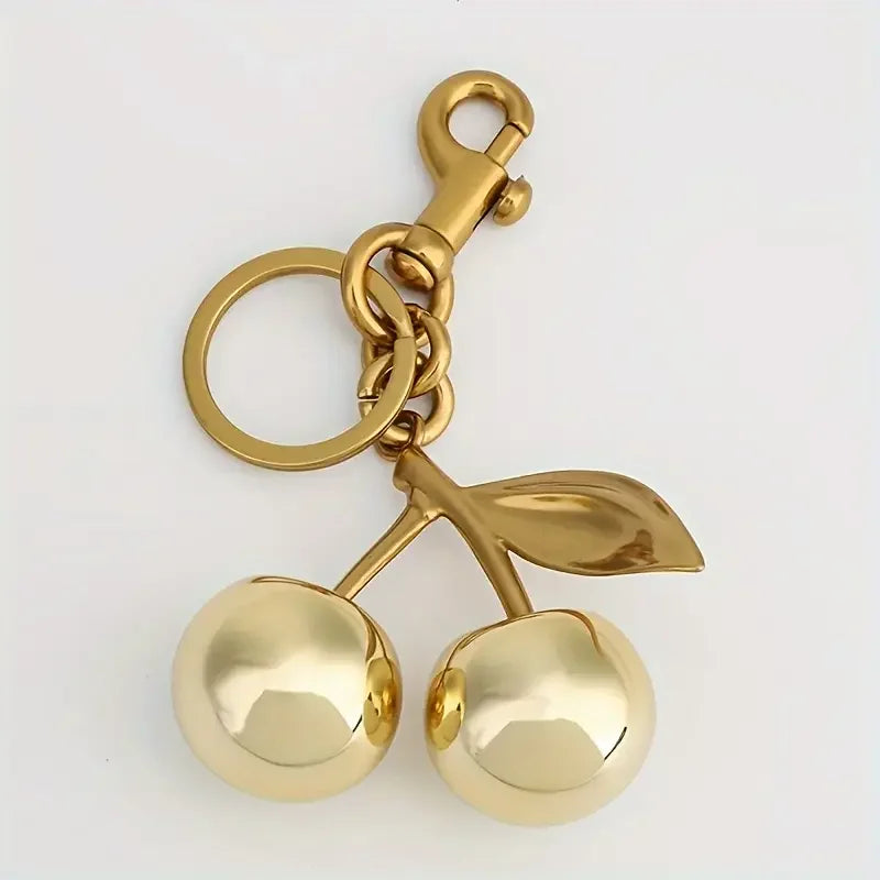 Golden Cherry Keychain Charm - Shiny Resin & Metal Bag Accessory, Elegant Gift for Women, Purse or Handbag Decoration