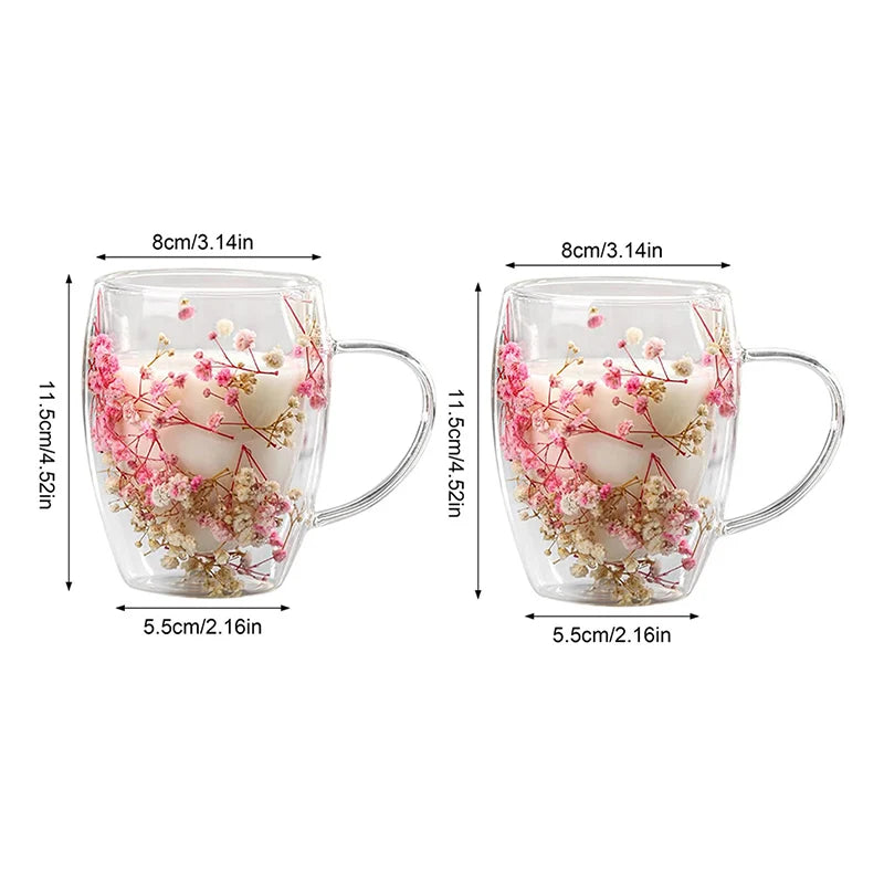 Double Wall Glass Coffee Cup 350ml - Heat Resistant with Dried Flowers