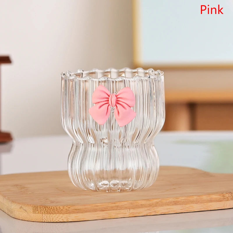Cute Pink Bow Glass Water Cup - Cartoon Striped Coffee Mug
