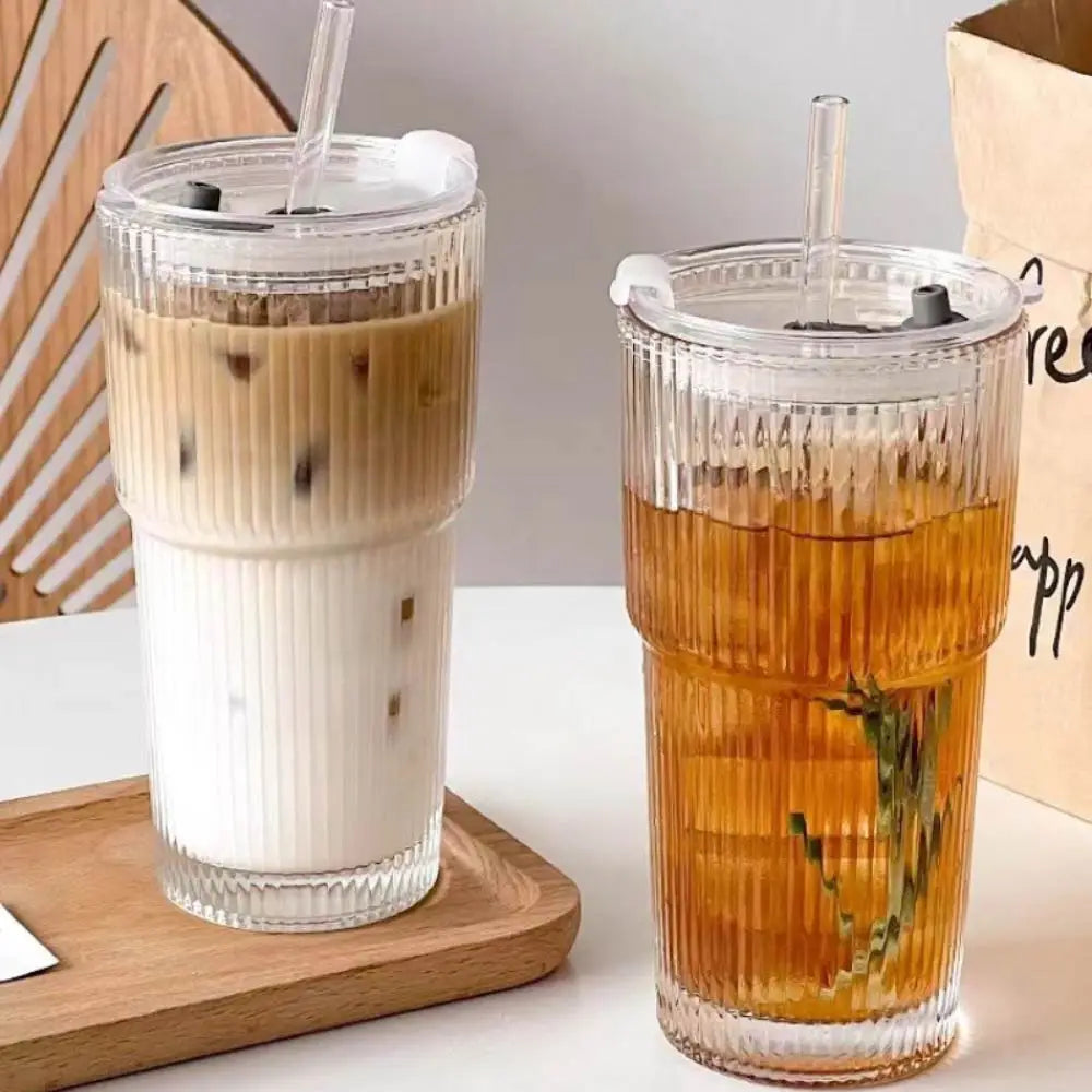 600ml Vertical Striped Glass Coffee Mug with Lid and Straw, Transparent Tea Mug for Americano, Cappuccino, Tea and Drinks