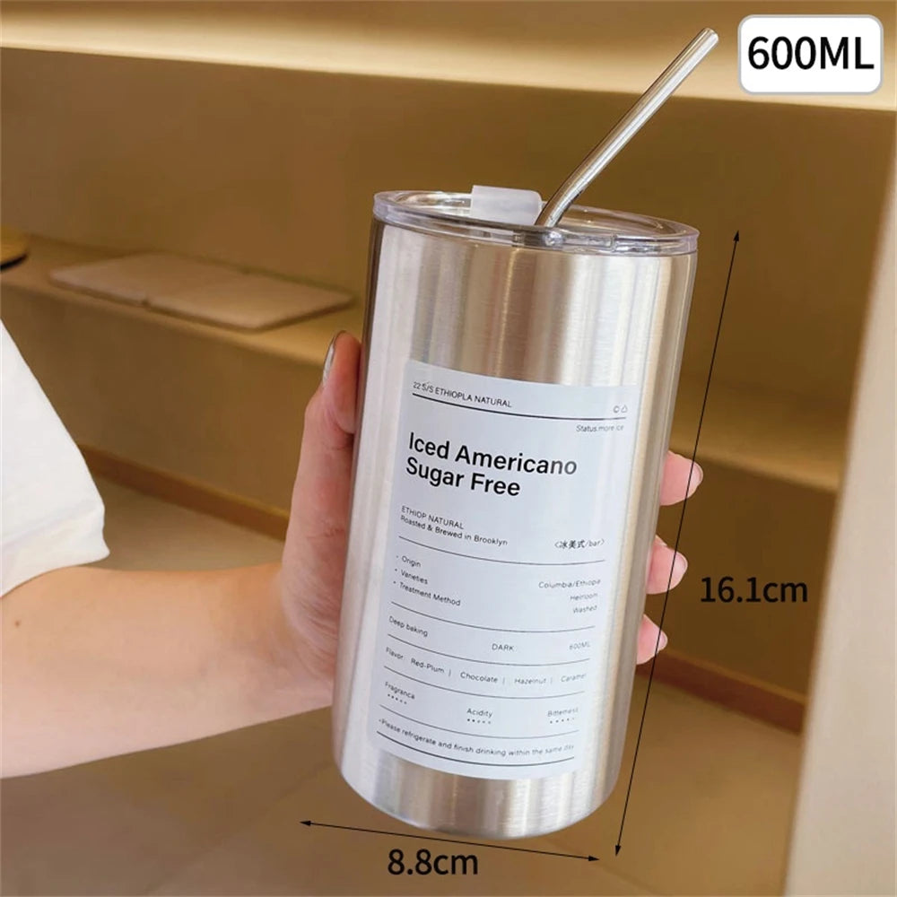 600ml Stainless Steel Thermos with Straw - BPA-Free Insulated Bottle