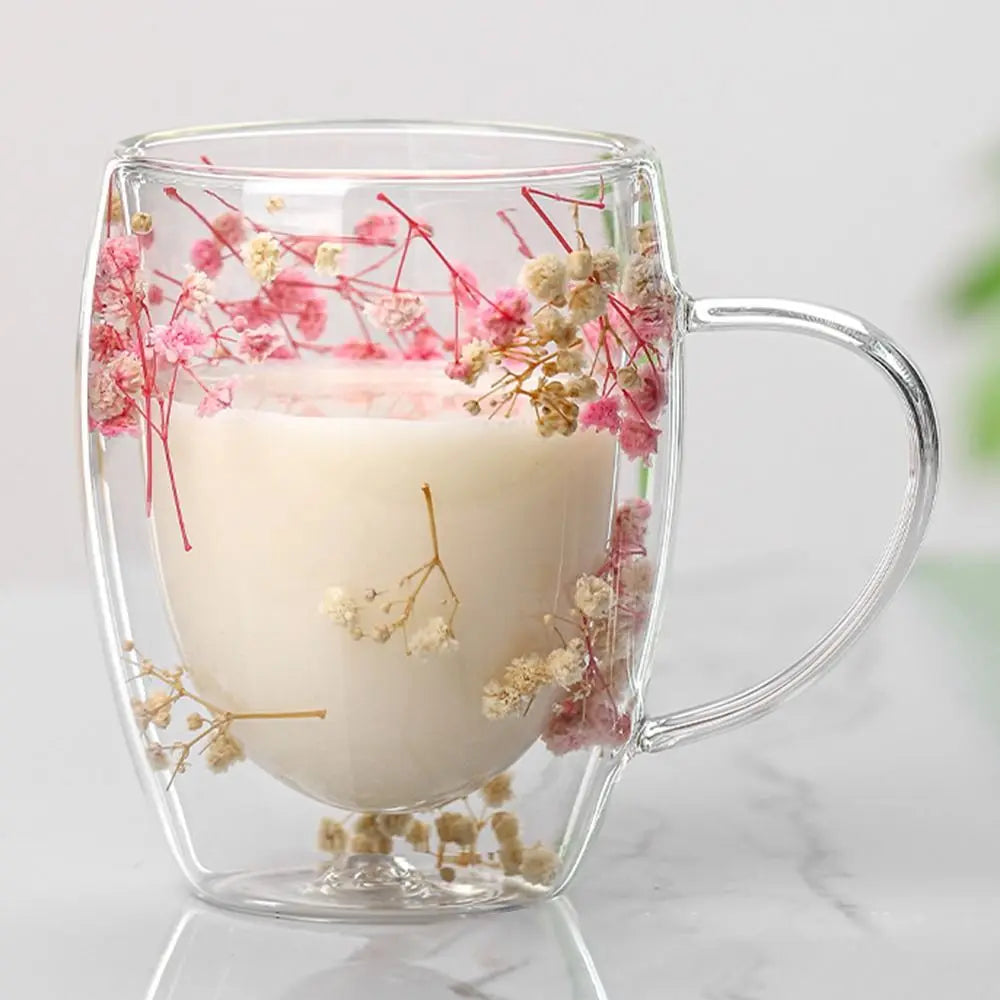 Double Wall Glass Mug with Dried Flowers - 350ml Decorative Coffee Cup