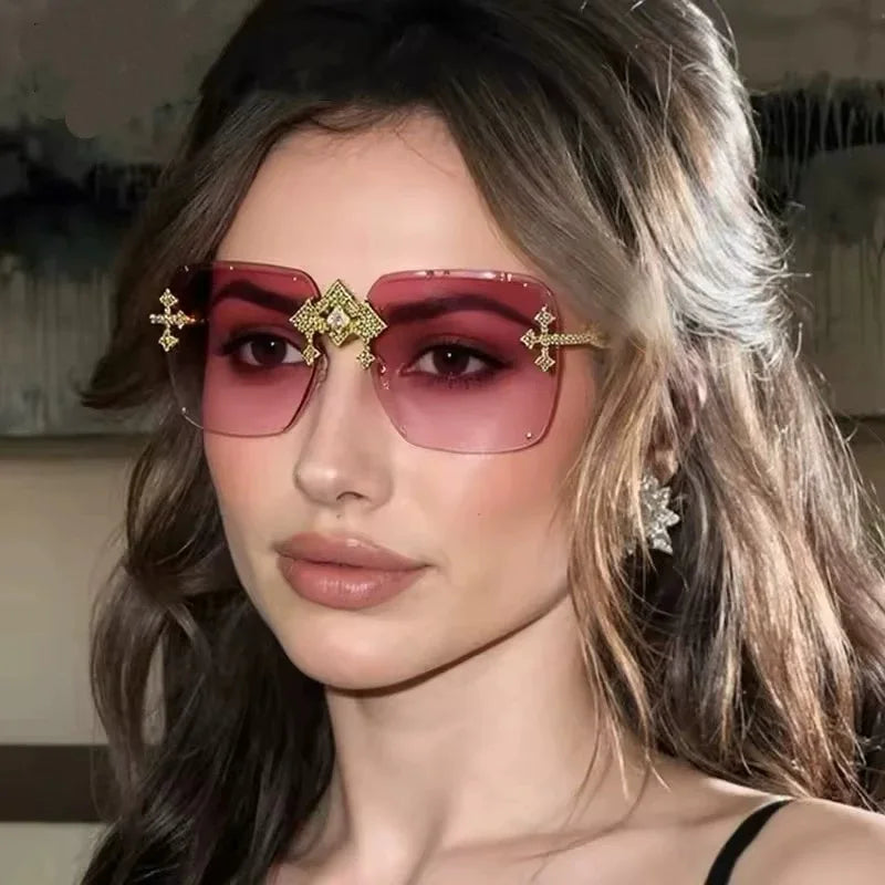 Vintage Rimless Square Cutting Lens Sunglasses Women For Men Luxury Brand Designer Popular Punk Fashion Diamond Cross Sun Glass