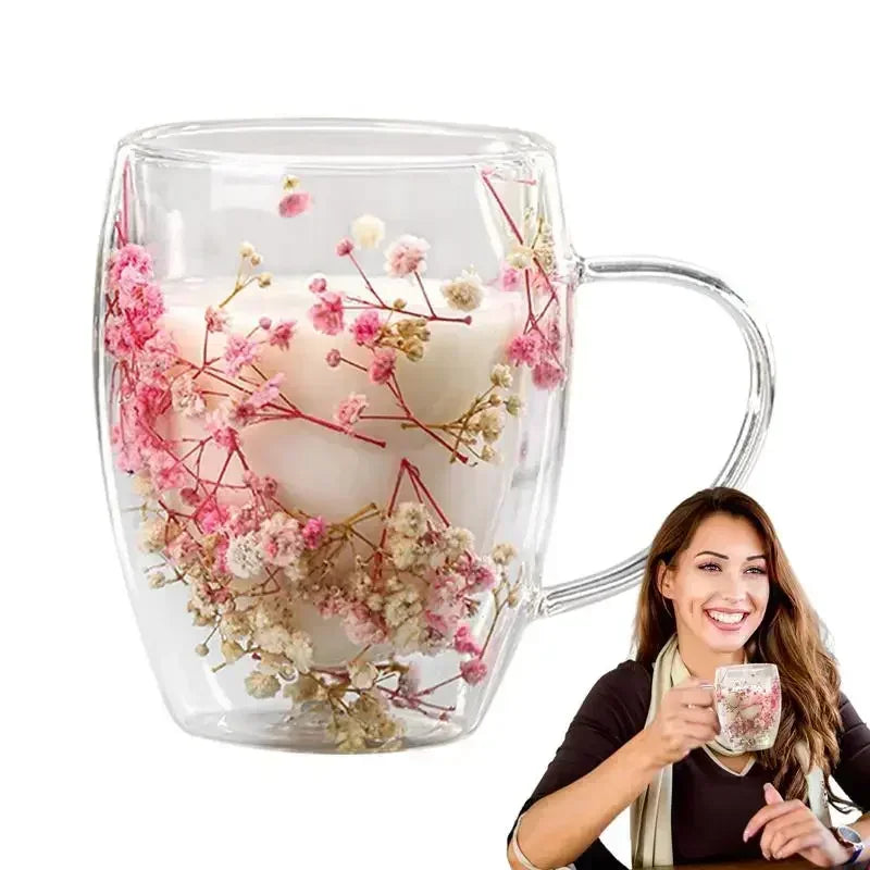 Double Wall Glass Coffee Cup 350ml - Heat Resistant with Dried Flowers