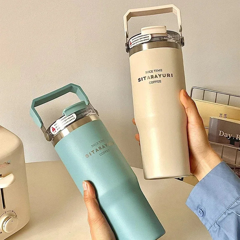 20oz Large Capacity Thermal Bottle for Girls Women Vacuum Insulation Cold Water Cup Portable Double Drink Straw Car Coffee Mug