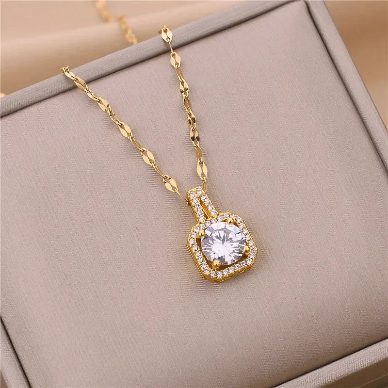 Korean Style Fashion Square Zircon Stainless Steel Necklaces For Women Luxury Elegant Female Clavicle Chain Jewelry Wholesale