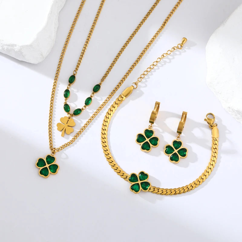316L Stainless Steel Green Crystal Clover Jewelry Set - Waterproof