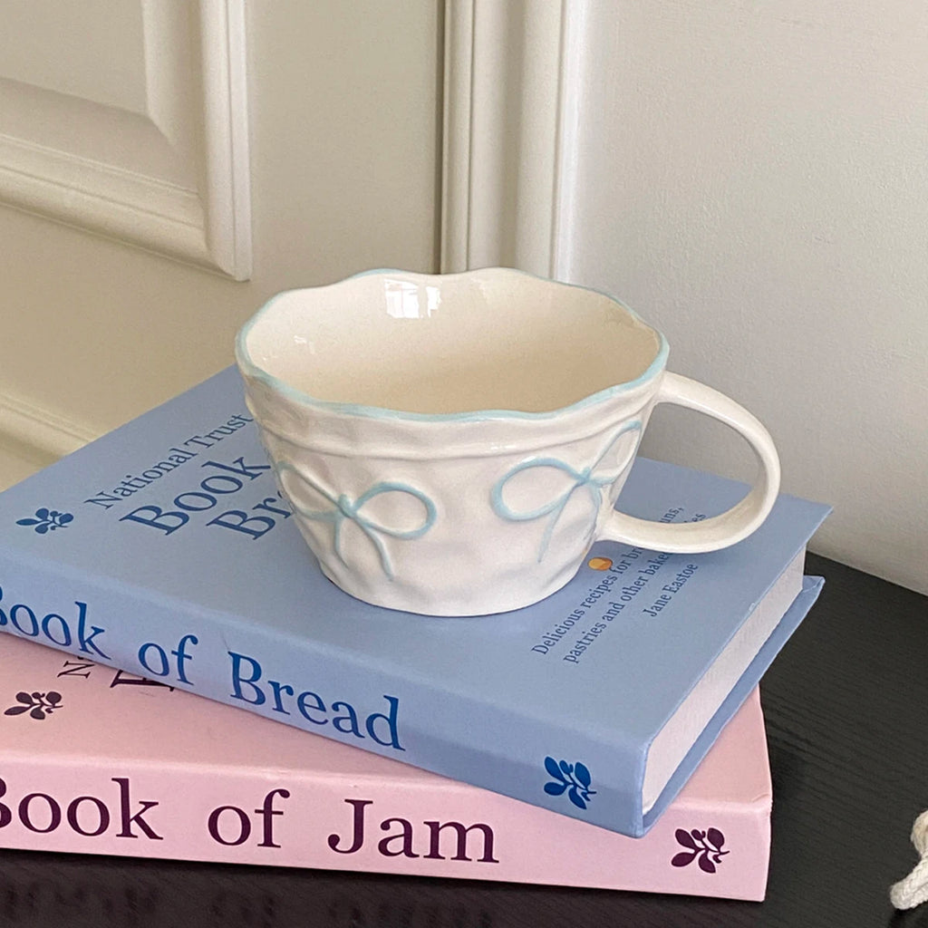 1Pc Bow Ceramic Mug, Exquisite and Simple Bow Large Capacity Couple Cup, Suitable for Home Decoration, Home Drinking Water, Candlelight Dinner, Coffee Latte Flower Cup, Holiday Gift, Exquisite Gift