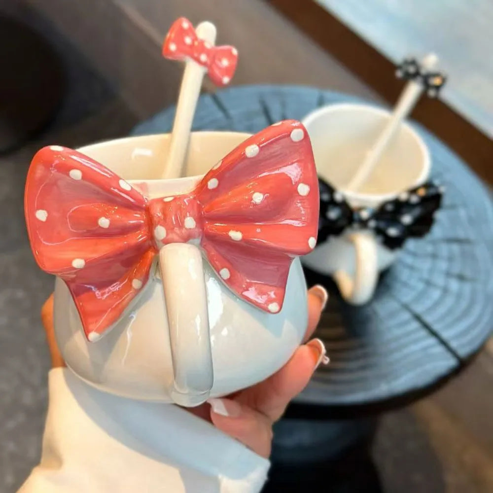 Bowtie Pink Coffee Cup Korean High Beauty Girl Heart Ceramic Mug with Spoon Girl School Home Breakfast Cup Drinkware