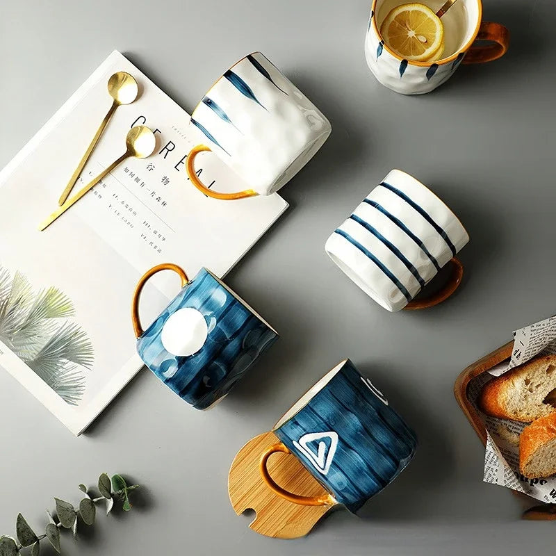 Japanese Hand-Painted Ceramic Mug with Lid & Spoon - Office Coffee Cup