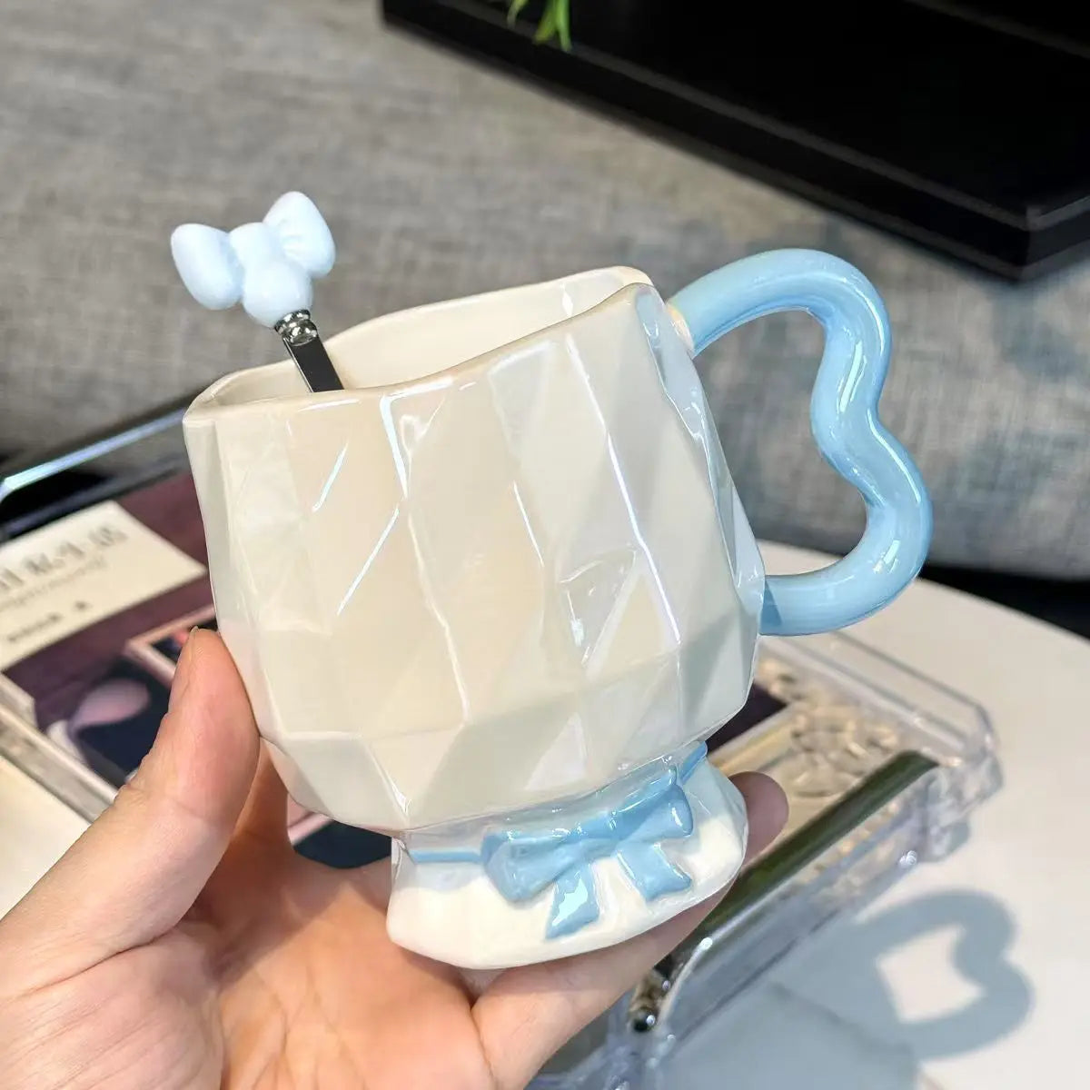 Bowtie Pink Coffee Cup Korean High Beauty Girl Heart Ceramic Mug with Spoon Girl School Home Breakfast Cup Drinkware