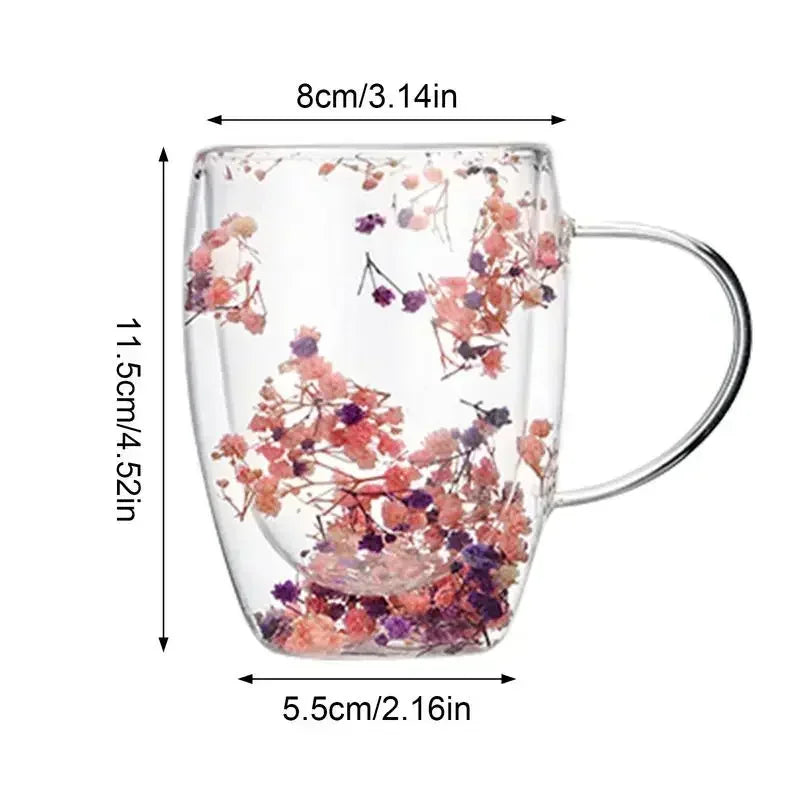 Double Wall Glass Coffee Cup 350ml - Heat Resistant with Dried Flowers