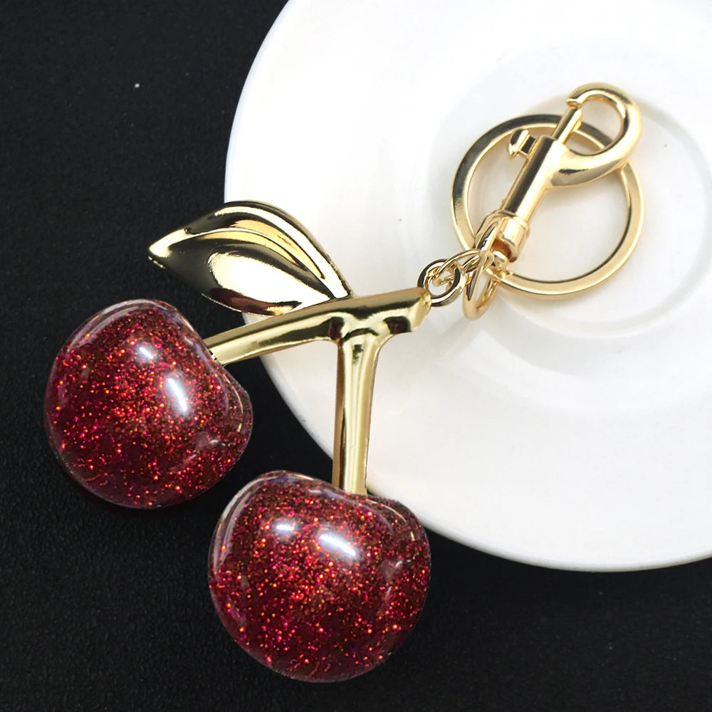 Red Cherry Fruit Bag Charm Keychain - Elegant 3-Color Key Ring for Women
