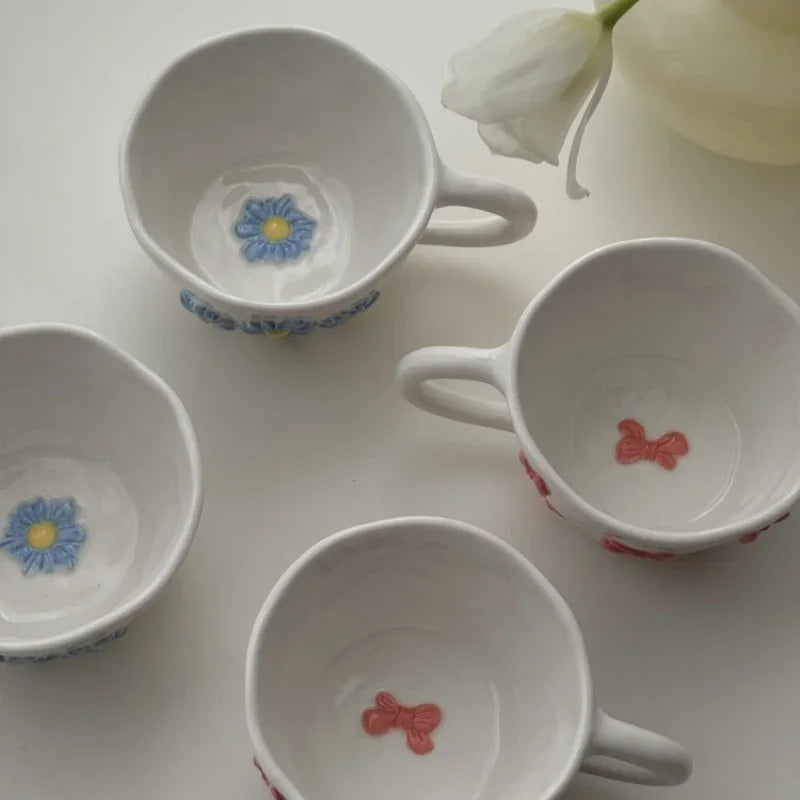 Hand-drawn Relief Ceramic Mug - 250ml Daisy Design Coffee Cup