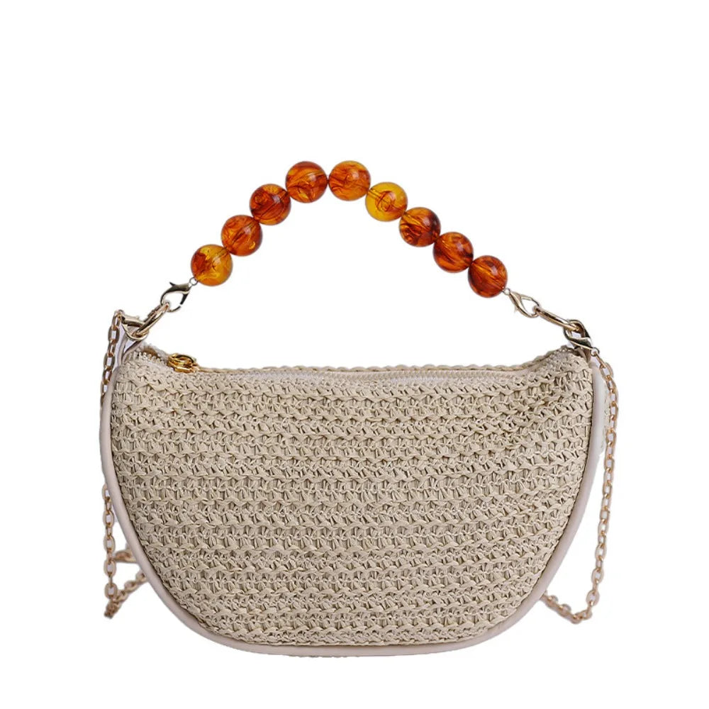 Leisure Large Capacity Grass Weave Handbag Fashion Beads Handle Straw Bag Simple Vacation Style Metal Chain Crossbody Bag Girls