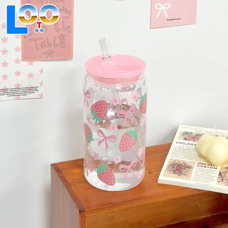 Bow Glass Cute Water Cup Cartoon Bow Glass Cup Striped Cute Doodle Coffee Mug Household Fruit Tea Lemonade Girls Gift