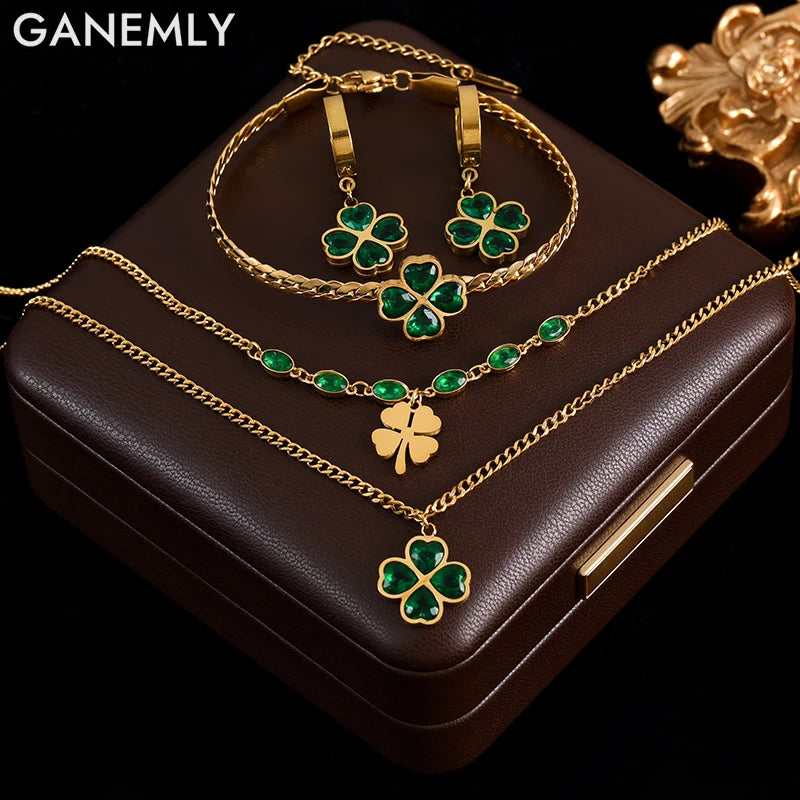 316L Stainless Steel Green Crystal Clover Jewelry Set - Waterproof