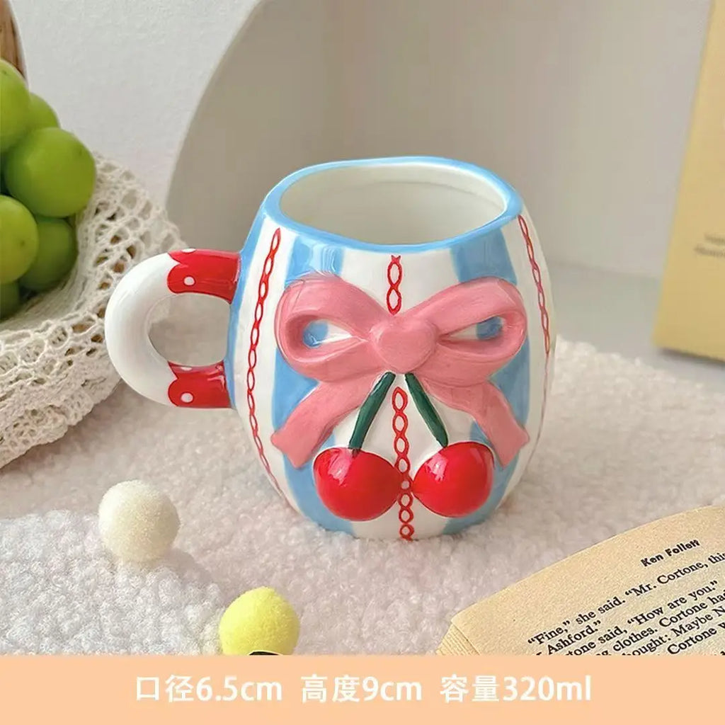Bowtie Pink Coffee Cup Korean High Beauty Girl Heart Ceramic Mug with Spoon Girl School Home Breakfast Cup Drinkware