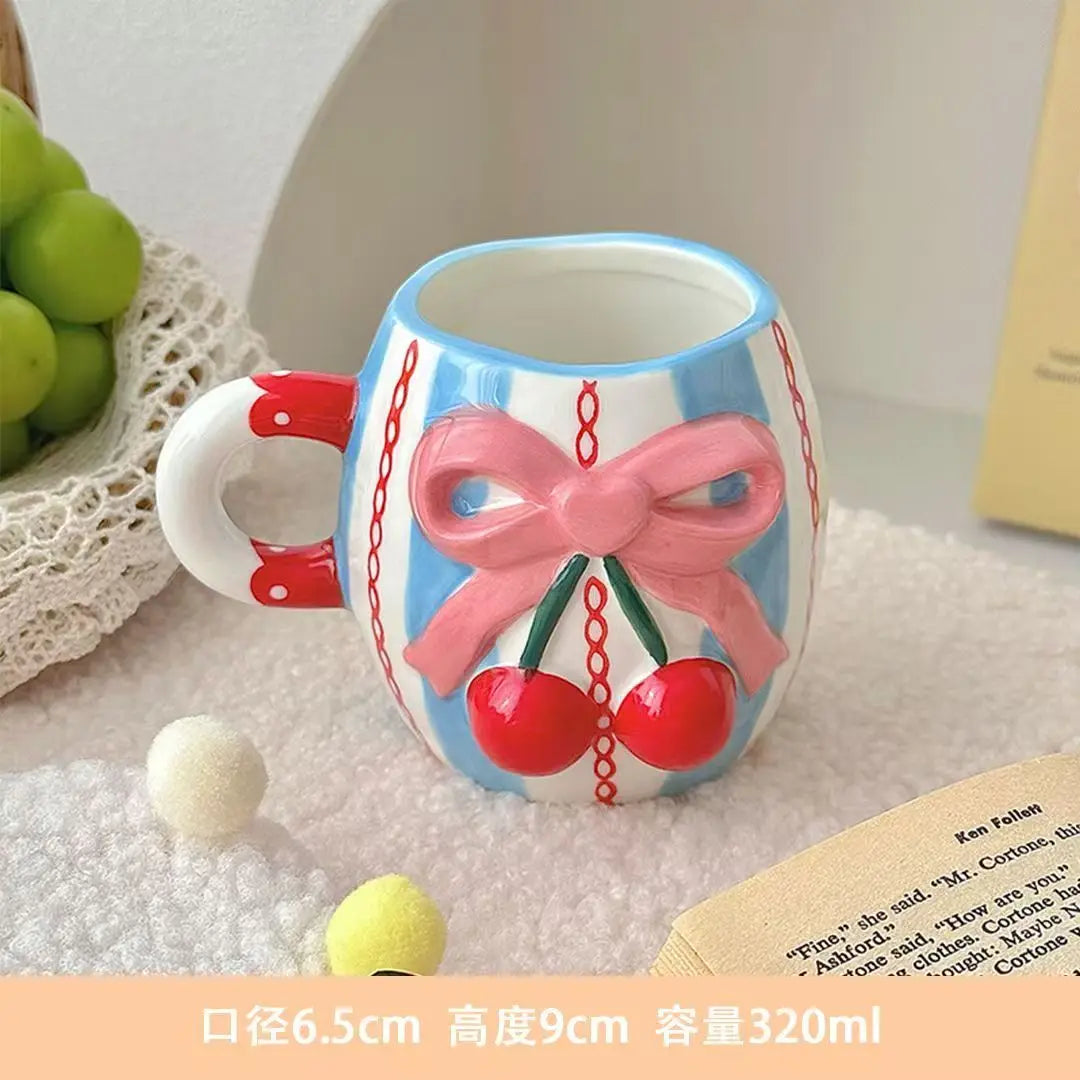 Bowtie Pink Coffee Cup Korean High Beauty Girl Heart Ceramic Mug with Spoon Girl School Home Breakfast Cup Drinkware