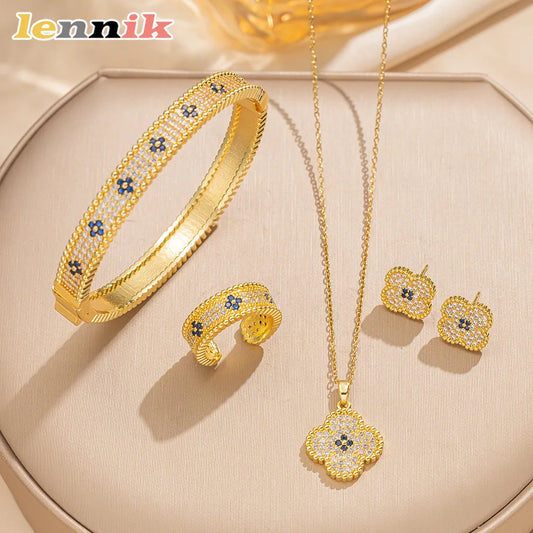 LENNIK Premium Lucky Clover Luxury Full Zircon Micro Pave Earrings Necklace Ring Set, Versatile for Daily/Party, Perfect Gift