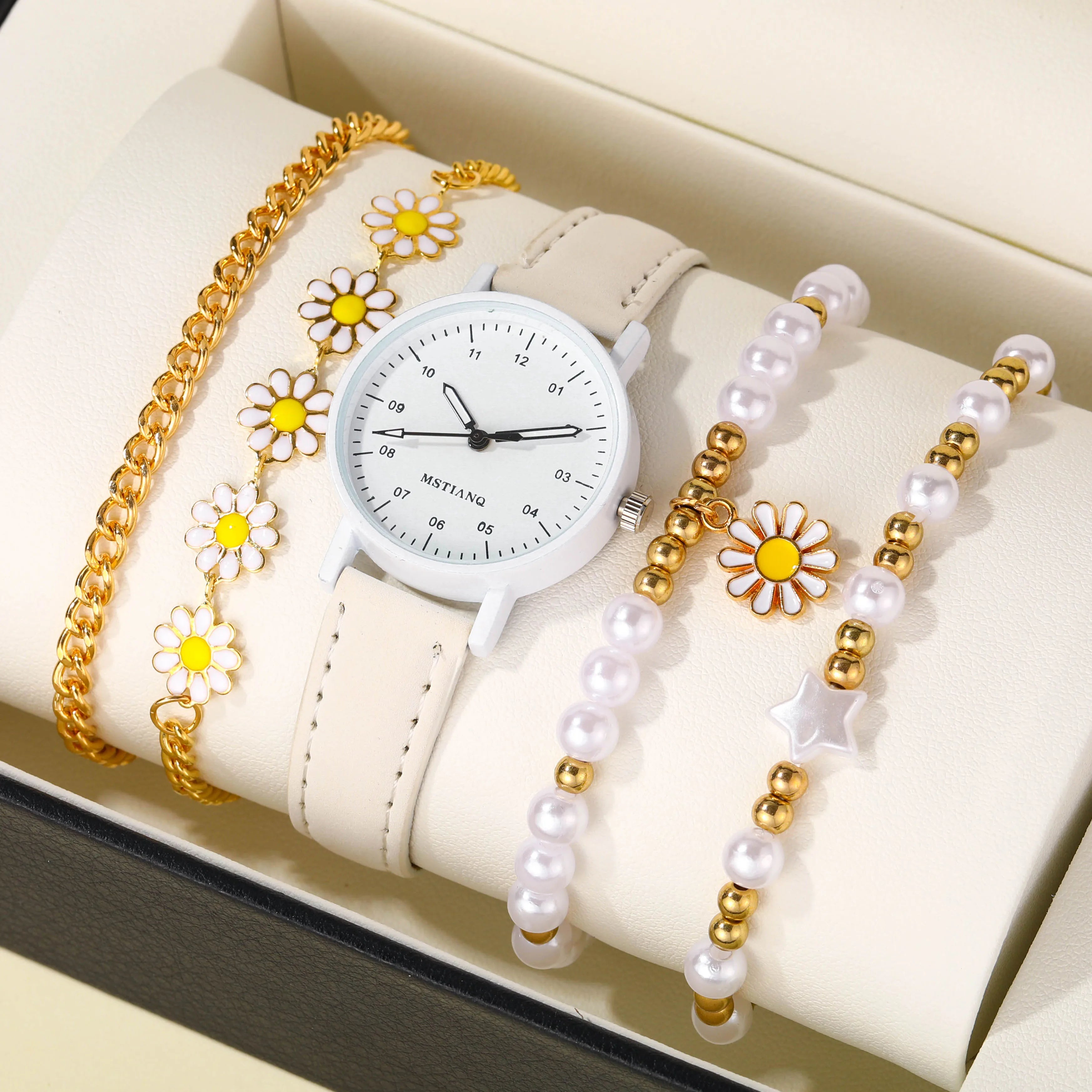 Girls Bracelet Watch Set - 5pcs Pentagram Daisy Pearl Jewelry