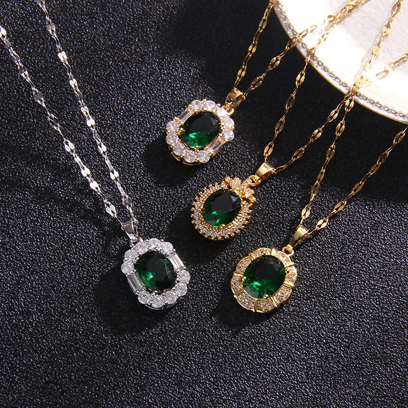 Luxury Vintage Green Zircon Pendant Necklaces for Women Lady Stainless Steel Chain Elegant Collar Accessories Jewelry Gifts