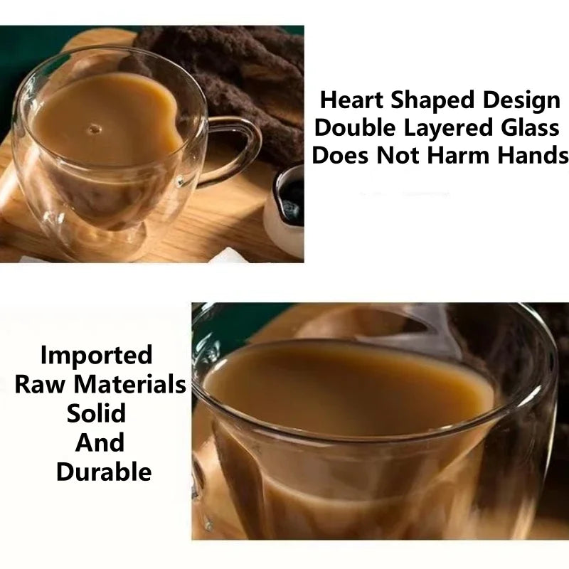 Heart Shaped Mug Double Wall Glass Cup Heat-Resisting Solid Color Wine Glasses Tea Mugs Milk Espresso Coffee Cup for Gift