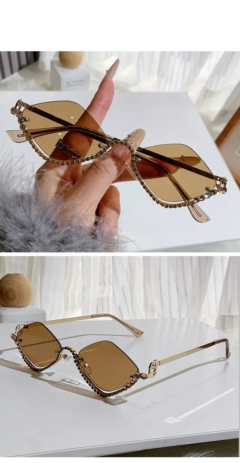 Diamond Vintage Brand Designer rhombus Sunglasses Women For Female Luxury Sun Glasses Punk Popular Half Frame Rhinestone Eyewear