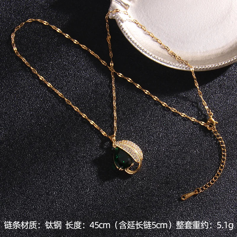 Luxury Vintage Green Zircon Pendant Necklaces for Women Lady Stainless Steel Chain Elegant Collar Accessories Jewelry Gifts