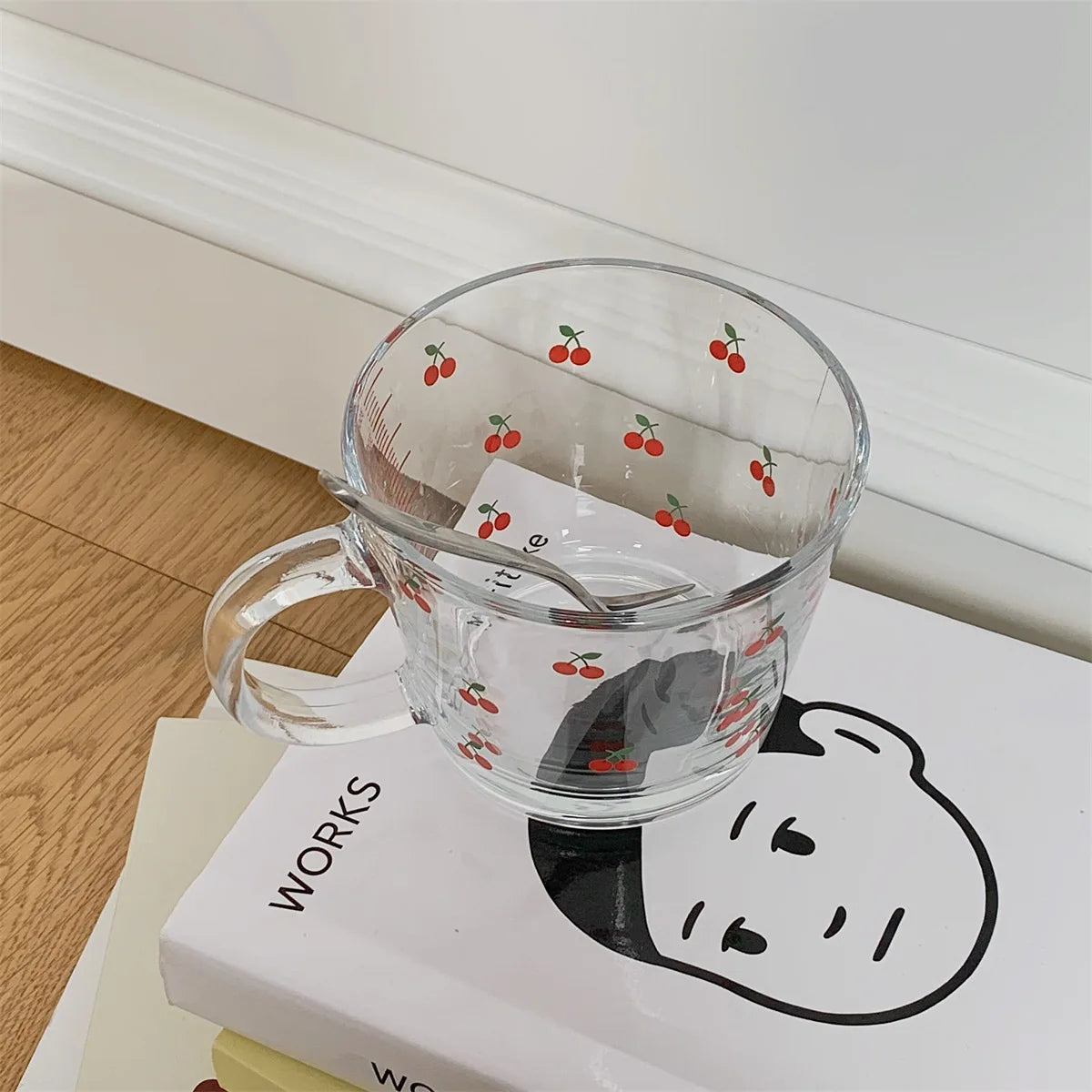 Printed Transparent Creative Glass Coffee Tea Drinks Dessert Breakfast Milk Cup Glass Mugs Handle Drinkware