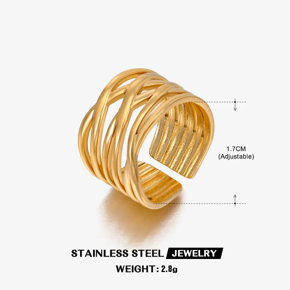 Stainless Steel Wide Geometric Ring - Punk Style Wedding Band