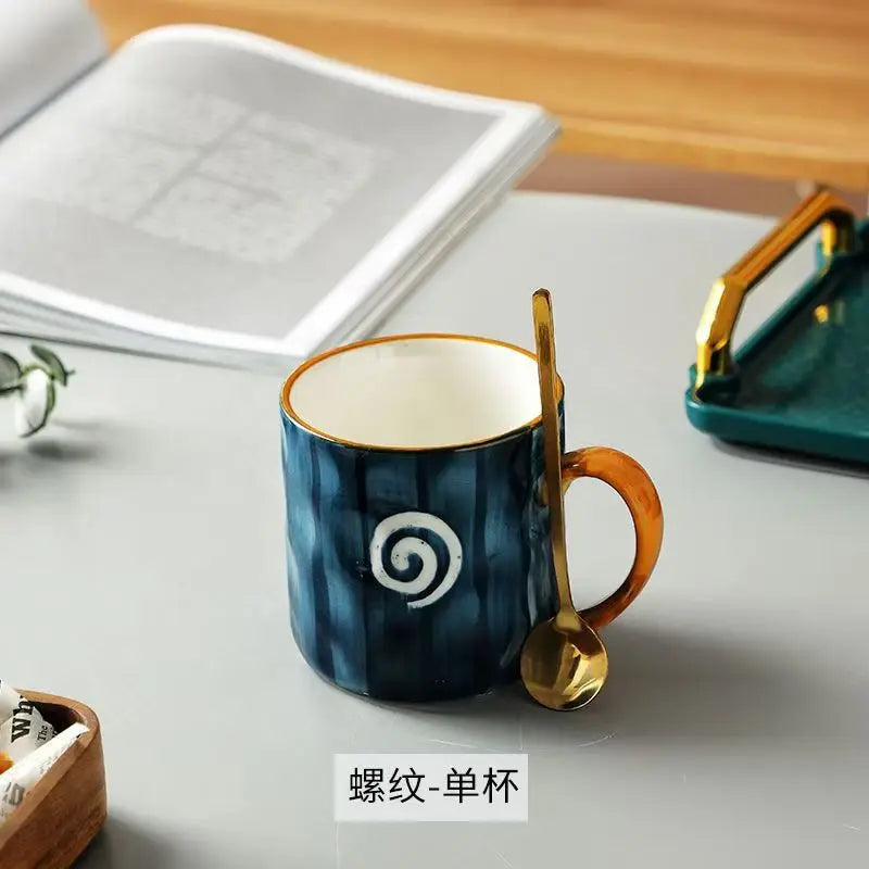 Japanese Hand-Painted Ceramic Mug with Lid & Spoon - Office Coffee Cup